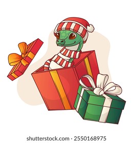 Ilustración vectorial de serpiente en sombrero y bufanda dentro de la caja de regalo. 2025 año de la serpiente. Feliz Navidades, concepto de Año Nuevo. Para la tarjeta, diseño de Anuncio, decoración del cartel.