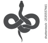 Vector illustration of snake intertwined in shape of infinity sign. Black serpent silhouette of endless symbol. Isolated tattoo design.