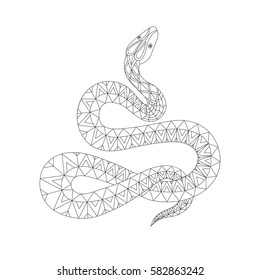 Vector illustration of the snake, isolated. Black and white artwork in ethnic and zentangle style. Coloring page, t-shirt, print, card, poster, tattoo design