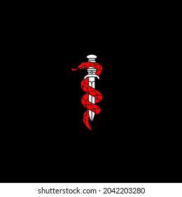 Vector illustration of snake and knife. Horror art on black background.