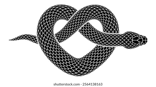 Vector illustration of snake knotted in form of heart symbol. Isolated tattoo design of black serpent silhouette.