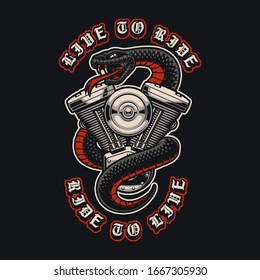 Vector illustration of a snake with motorcycle engine. This illustrations can be used as biker’s logo, apparel designs and many other uses.