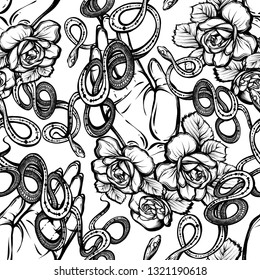Vector illustration, Snake on hand, flowers, Handmade, seamless pattern, light background