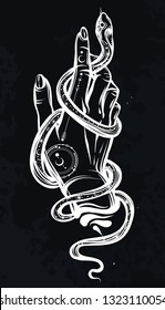 Vector illustration, Snake on hand, Handmade, tattoo, print on t-shirt, chalkboard background