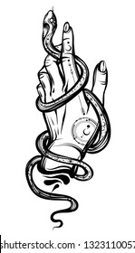 Vector illustration, Snake on hand, Handmade, tattoo, print on t-shirt, white background