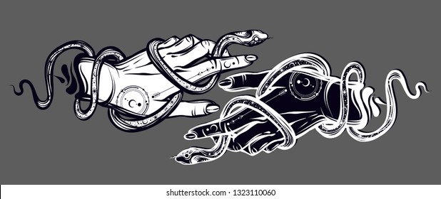 Vector illustration, Snake on hand, Handmade, tattoo, print on t-shirt, grey background