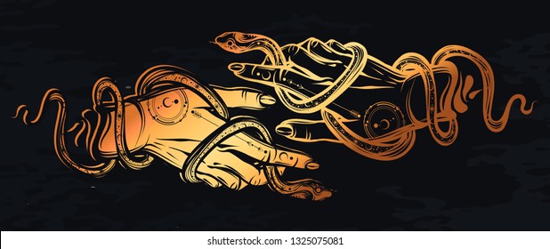 Vector illustration, Snake on hand, Handmade, tattoo, print on t-shirt, chalkboard background