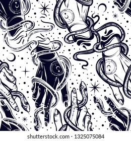 Vector illustration, Snake on hand, Handmade, seamless pattern, light background
