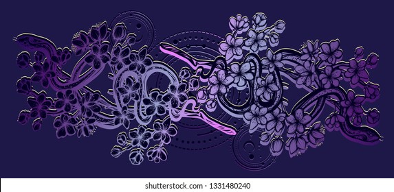 Vector illustration, snake on sakura branch,Handmade, tattoo, blue background, print on t-shirt