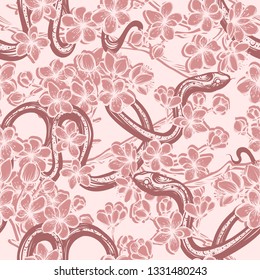 Vector illustration, snake on sakura branch,Handmade, seamless pattern, light background, pink color