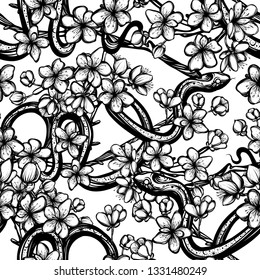 Vector illustration, snake on sakura branch,Handmade, seamless pattern, light background