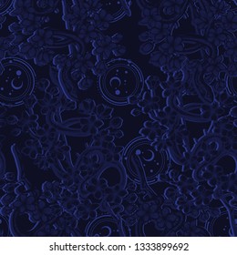 Vector illustration, snake on sakura branch,Handmade, dark blue background, seamless pattern