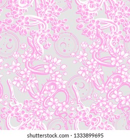 Vector illustration, snake on sakura branch,Handmade, grey background, seamless pattern