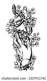 Vector illustration, snake on sakura branch, hands,Handmade, light background
