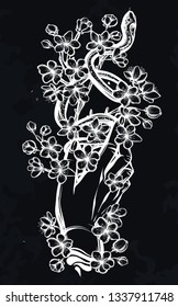 Vector illustration, snake on sakura branch, hands, Handmade, chalkboard  background