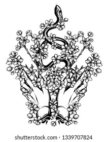 Vector illustration, snake on sakura branch, hands, light background,Handmade