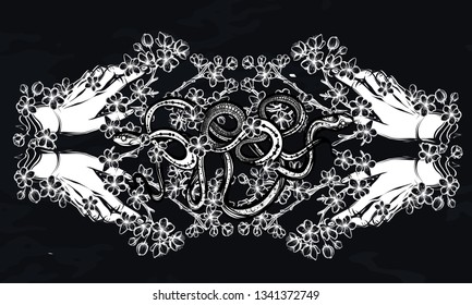 Vector illustration, snake on sakura branch, hands,Handmade, chalkboard background