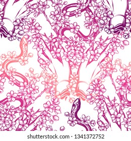Vector illustration, snake on sakura branch, hands, Handmade, light background, seamless pattern, pink purple color