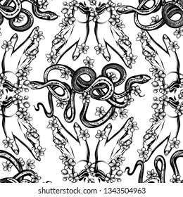 Vector illustration, snake on sakura branch, hands,Handmade, light background, seamless pattern