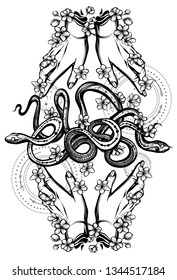 Vector illustration, snake on sakura branch, hands,Handmade, tattoo, white background, print on t-shirt