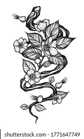 Vector illustration. Snake and rosehips, card for you, line art style, Handmade, tattoo