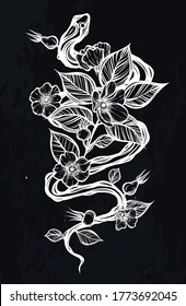 Vector illustration. Snake and rosehips, card for you, line art style, Handmade, background chalkboard