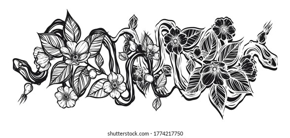Vector illustration. Snake and rosehips, card for you, line art style, tattoo, Handmade