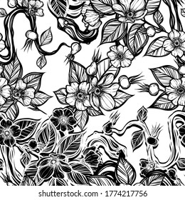 Vector illustration. Snake and rosehips, card for you, line art style, light  background, seamless pattern, Handmade