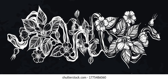 Vector illustration. Snake and rosehips, card for you, line art style, background chalkboard, Handmade