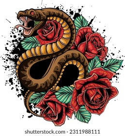 ilustración vectorial de serpiente con rosas y hojas