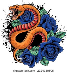 ilustración vectorial de serpiente con rosas y hojas