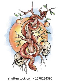Vector illustration of snake skull tree watercolor vector tattoo style drawing