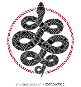 Vector illustration of a snake that wriggles and fills a circle shape. Black serpent silhouette of round form. Isolated tattoo design.