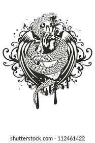 Vector illustration of  snake twisting heart wings and pattern on  white background