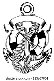 Vector illustration snake twists an anchor and ring-buoy on  white background