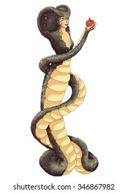 vector illustration Snake Woman holding an apple in her hand