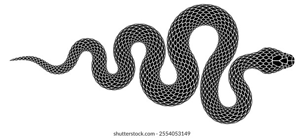 Vector illustration of snake wriggled in shape of triangle. Tattoo design in form of black serpent silhouette isolated on white background.