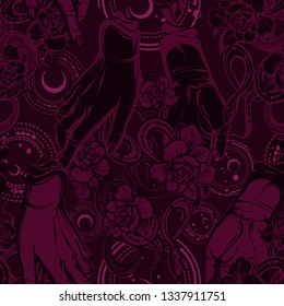 Vector illustration, snakes and flowers,hands, Handmade, dark purple background, seamless pattern
