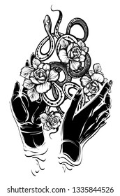 Vector illustration, snakes and flowers,hands, tattoo, Handmade, print on t-shirt