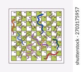 Vector illustration of Snakes and Ladders board game. Colorful design. Classic family tabletop game for fun, learning, and entertainment. Perfect for kids, education, and playful design projects.
