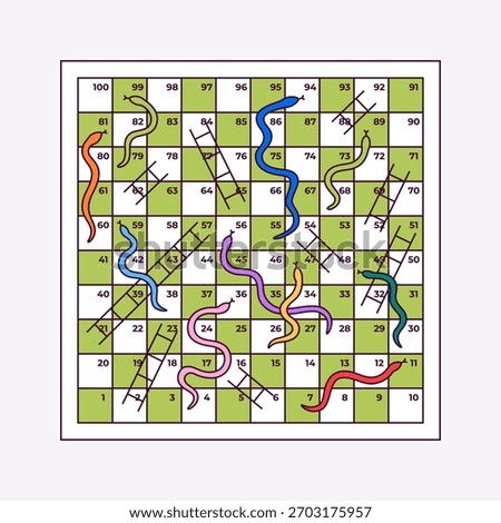 Vector illustration of Snakes and Ladders board game. Colorful design. Classic family tabletop game for fun, learning, and entertainment. Perfect for kids, education, and playful design projects.