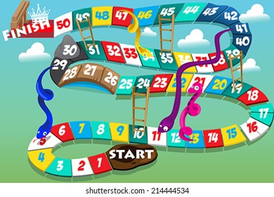 A vector illustration of snakes and ladders game