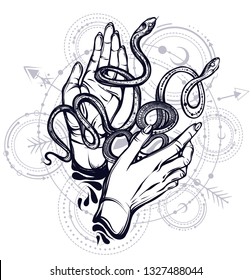 Vector illustration, Snakes on hands, Handmade, tattoo, print on t-shirt, astronomical geometry, white background