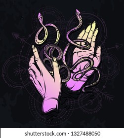 Vector illustration, Snakes on hands, Handmade, tattoo, print on t-shirt, astronomical geometry, chalkboard  background, pink yellow color