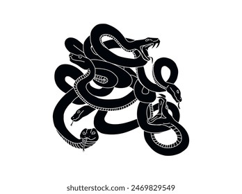 Vector illustration .  The snakes are tangled. Graphic arts. Ink drawing. Print for clothes. Mystical illustration. The snake hisses. Lots of cobras. Black and white logo.