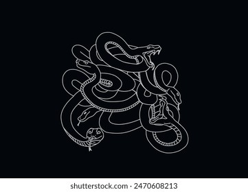 Vector illustration .  The snakes are tangled. Graphic arts. Print for clothes. Mystical illustration. The snake hisses. Lots of cobras. Black and white logo. Line drawing. Outline illustration