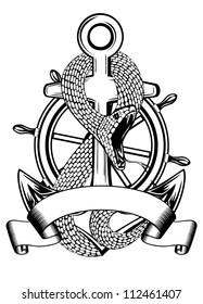Vector illustration snakes twists an anchor and steering wheel on white background