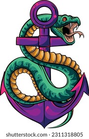 Vector illustration of snakes twists an anchor on white background