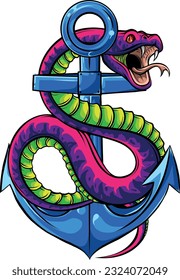 Vector illustration of snakes twists an anchor on white background