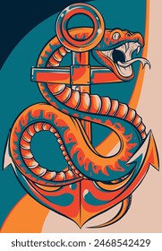 Vector illustration of snakes twists an anchor on white background